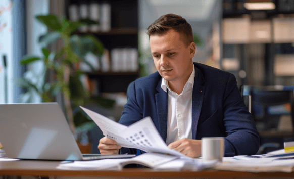 A certified translator stamps and checks a contract using Translation Services in Quincy, ensuring fast certified documents.