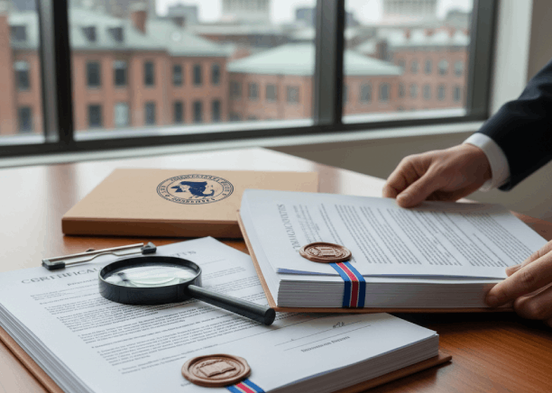 A certified translator prepares a stamped packet for Spanish Translation Services in Massachusetts for official documents.