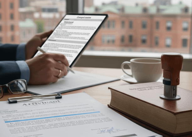 A translator reviews a contract and certification page for Spanish Translation Services in Massachusetts legal filings.