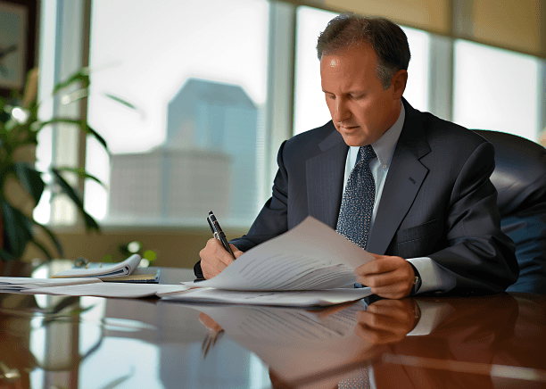 The translator signs a notarized packet while the staff confirms certified Translation Services in Cambridge for legal forms.