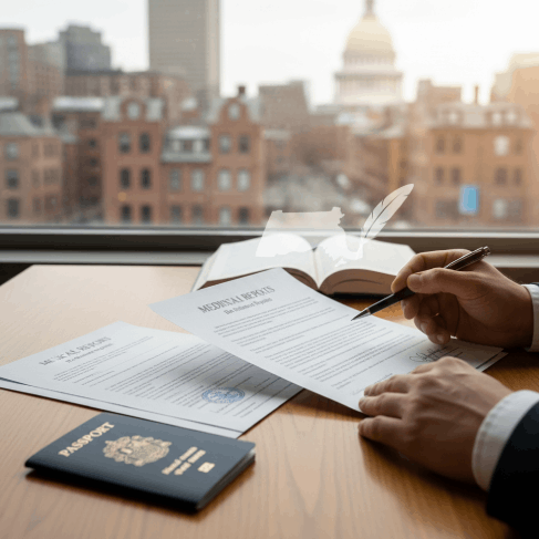A client answers intake questions while Spanish Translation Services in Massachusetts confirms individual document needs.
