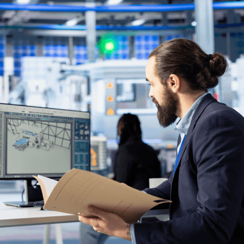 Engineer reviews a machine manual while Translation Services in Quincy deliver precise technical terminology and layout.