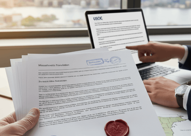 A signed certification letter is attached to a USCIS-ready page set from Spanish Translation Services in Massachusetts.
